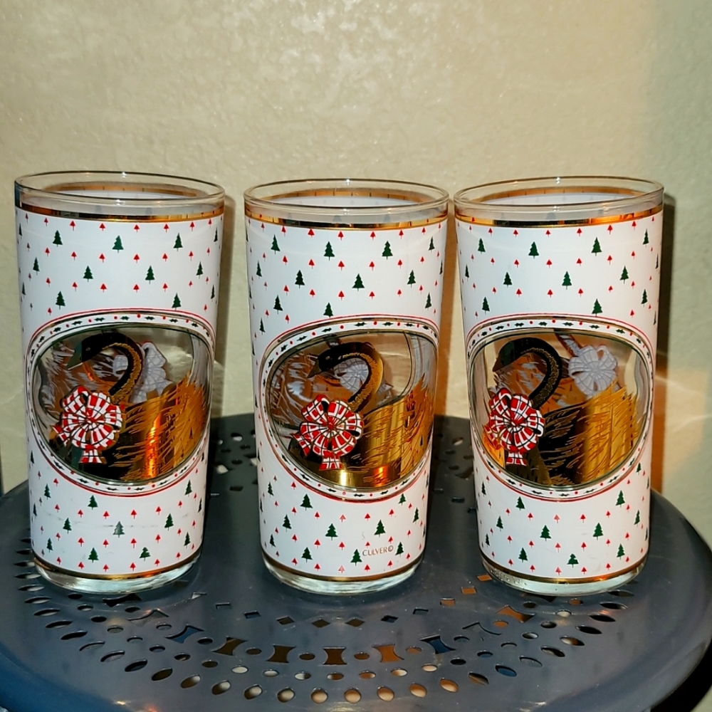 Culver MCM Glass Cups metallic Christmas Goose Trees set of 3 rare